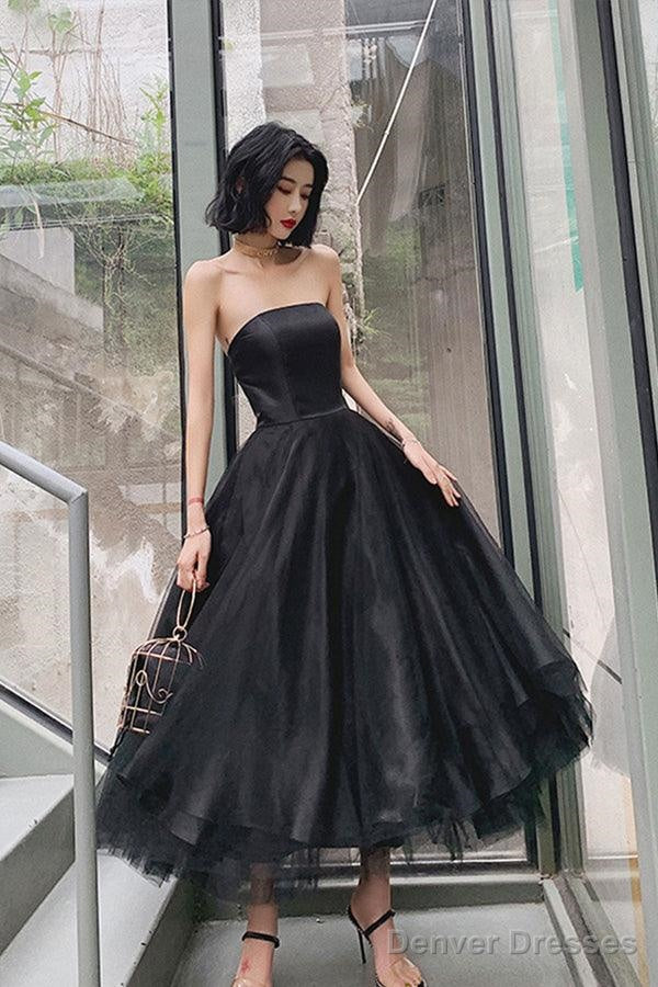 Simple Black Tea Length Prom Dress Black Tulle Homecoming Dress Main image