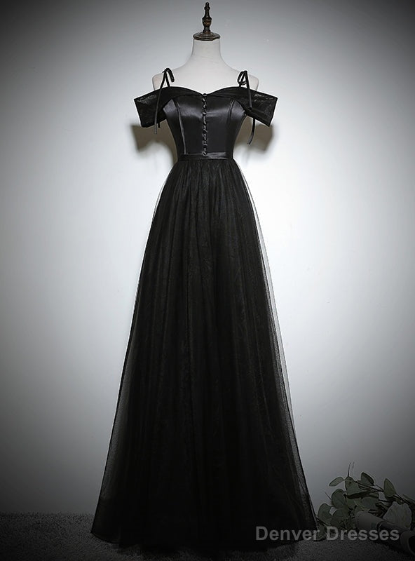 Simple Black Tulle Satin Spaghetti Straps Button Prom Dress Main image
