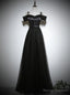 Simple Black Tulle Satin Spaghetti Straps Button Prom Dress