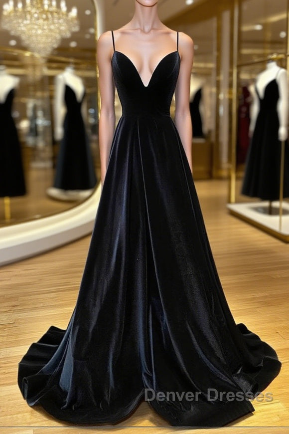Simple Black velvet long prom Dress, black evening Dress Main image