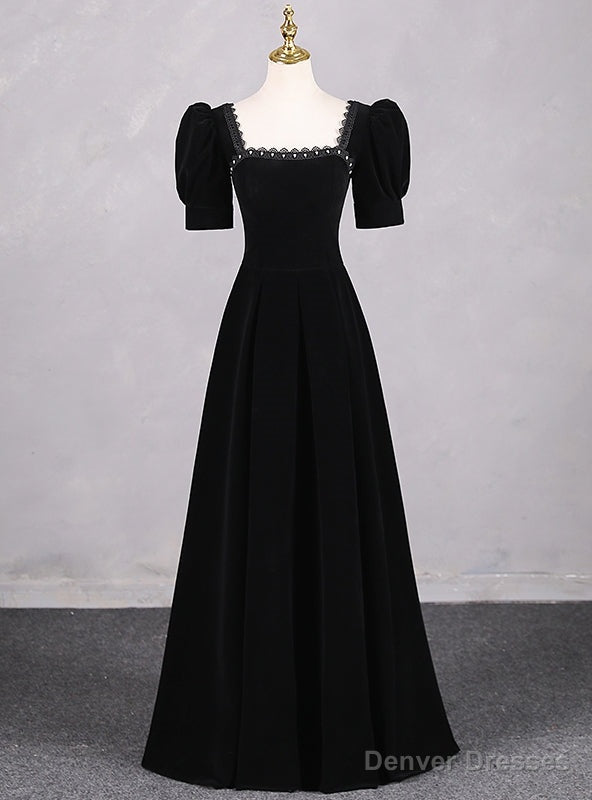 Simple Black Velvet Short Sleeve Square Neck Prom Dress Main image