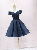 Simple Blue Off Shoulder Satin Short Prom Dress Blue Bridesmaid Dress