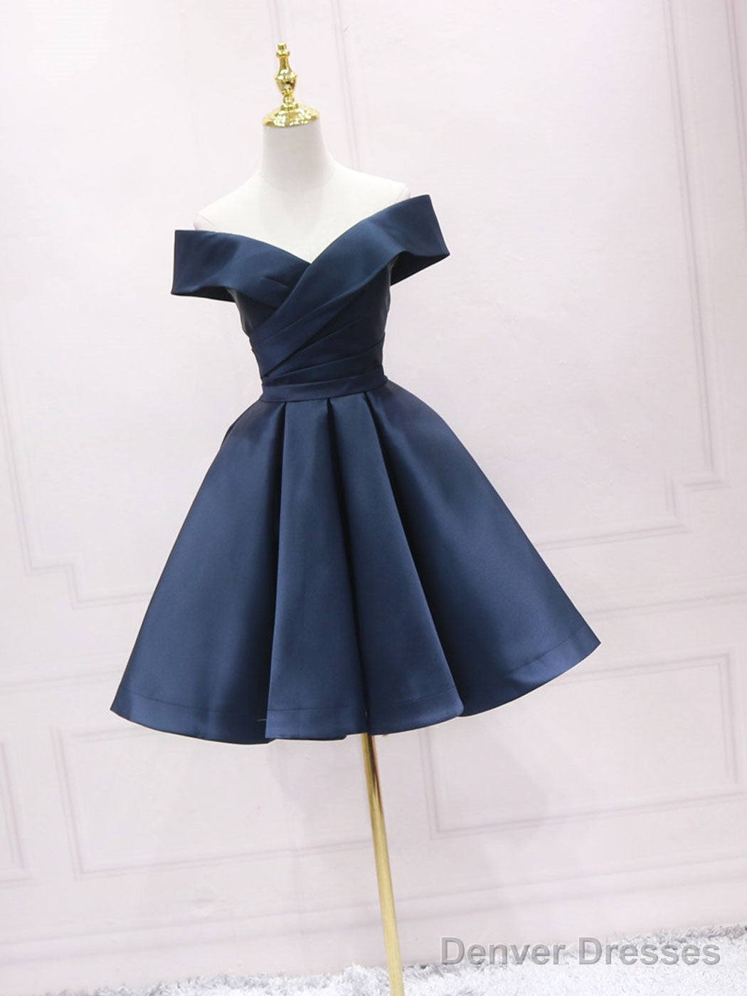 Simple Blue Off Shoulder Satin Short Prom Dress Blue Bridesmaid Dress Secondary image