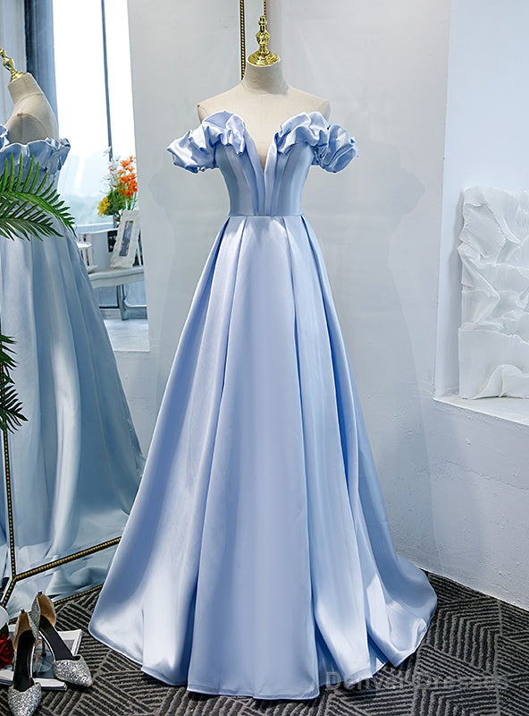 Simple Blue Satin Off the Shoulder Prom Dress Main image