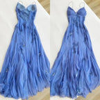 Simple Blue Spaghetti Straps Long Backless Prom Dress