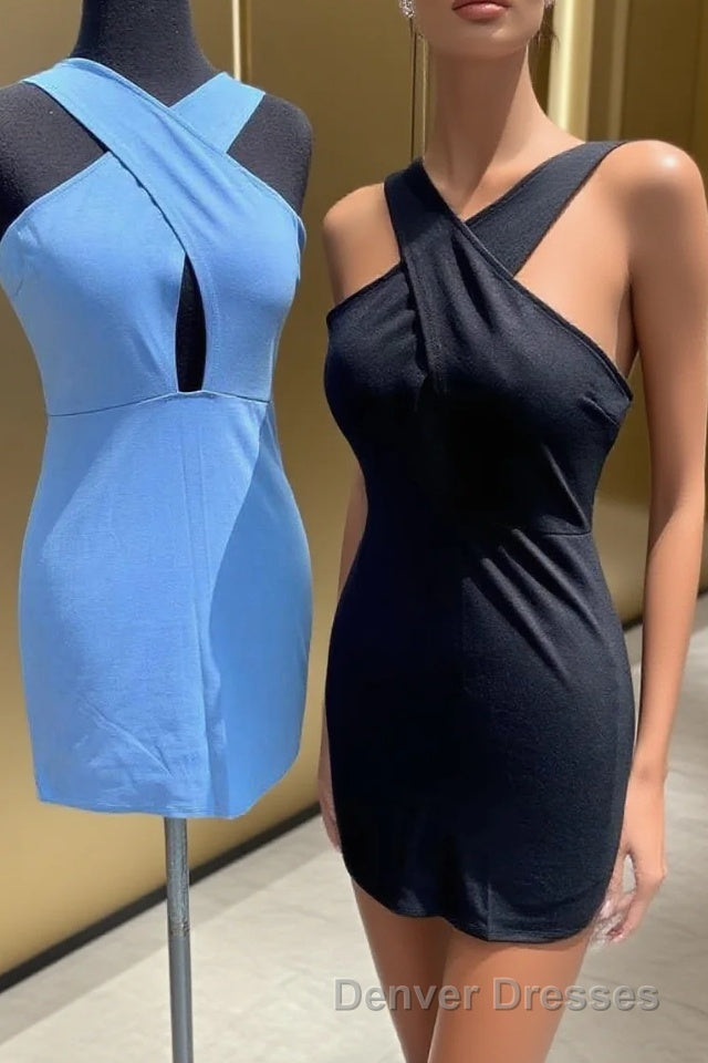 Simple Blue Tight Cross Front Short Cocktail Dress Main image