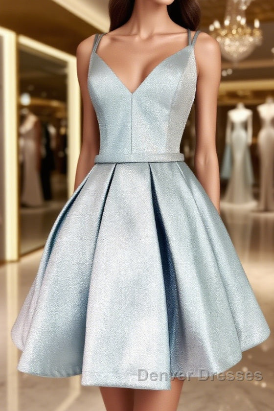 Simple blue v neck satin short prom Dress, blue homecoming Dress