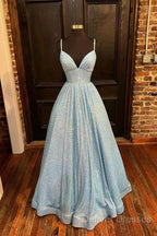 Simple Blue V Neck Sequin Long Prom Dress,A Line Blue Evening Dress