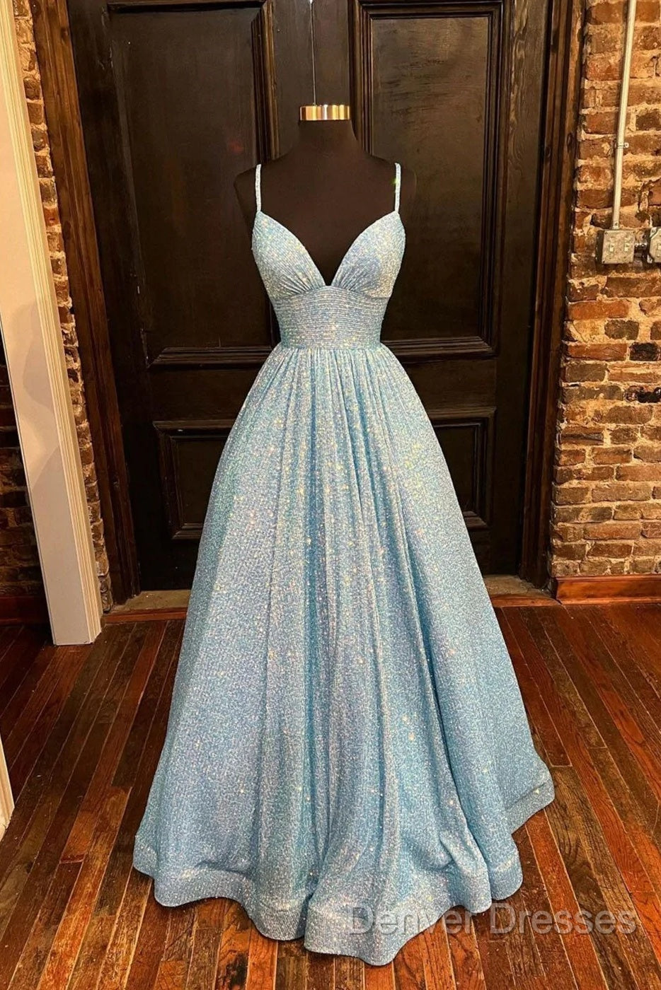 Simple Blue V Neck Sequin Long Prom Dress,A Line Blue Evening Dress