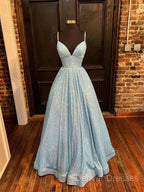 Simple Blue V Neck Sequin Long Prom Dress,A Line Blue Evening Dress
