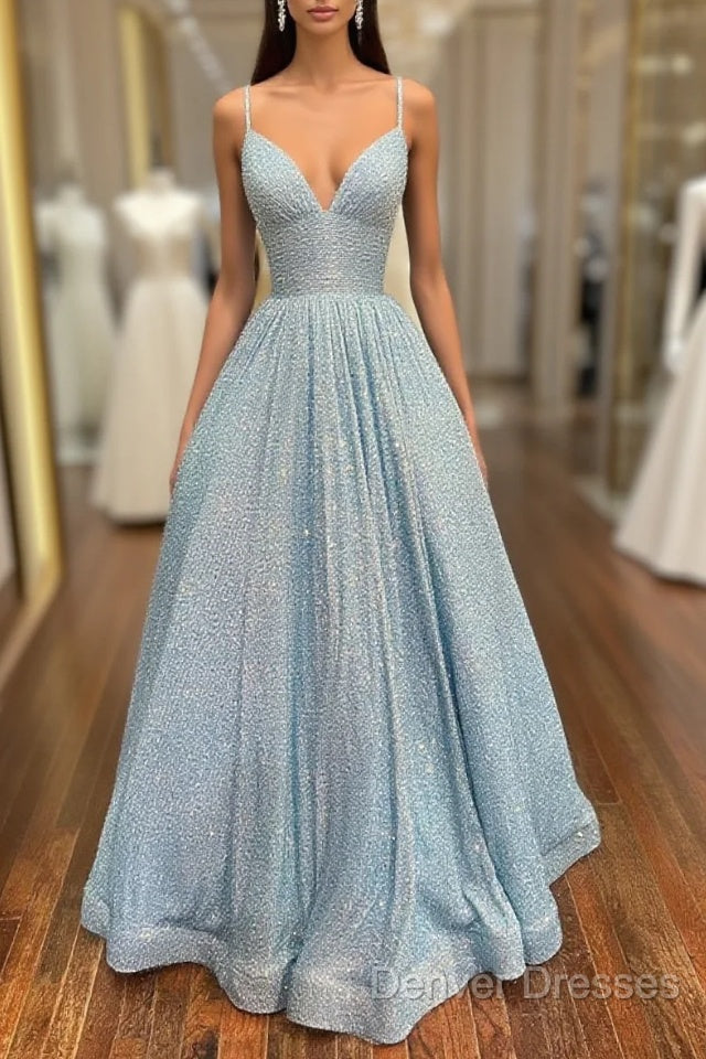 Simple Blue V Neck Sequin Long Prom Dress,A Line Blue Evening Dress Main image