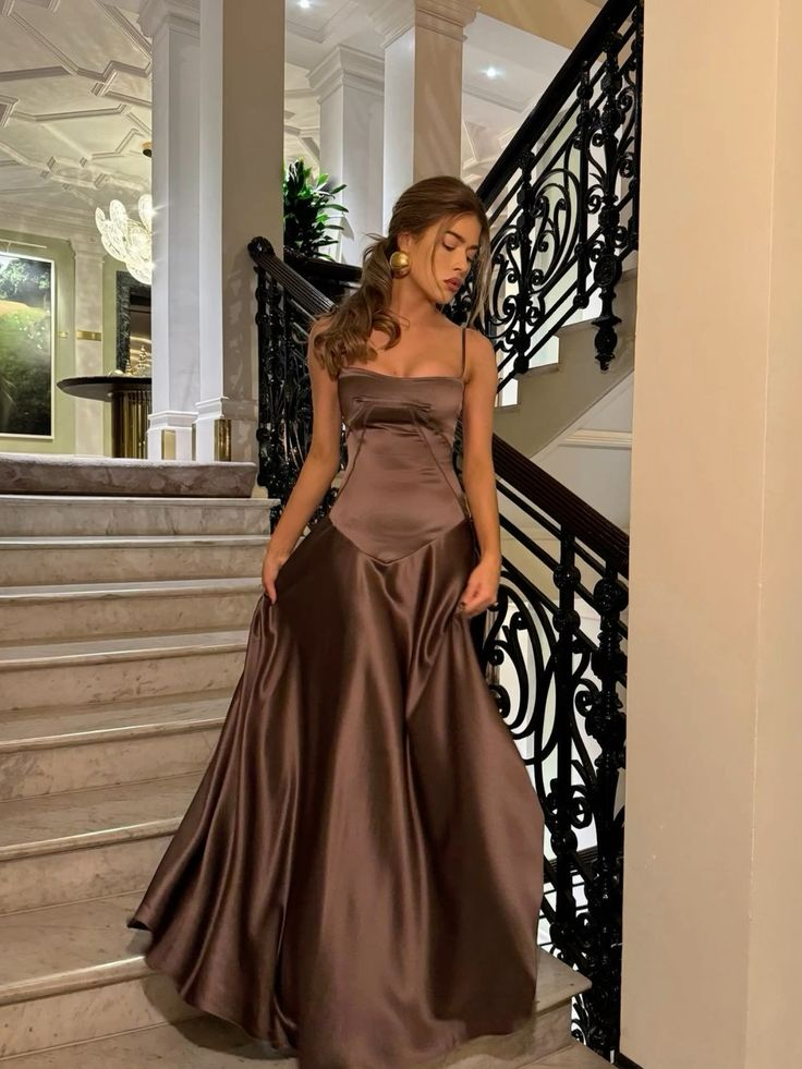 Simple Brown Spaghetti Straps A Line Prom Dress Party Dress Secondary image