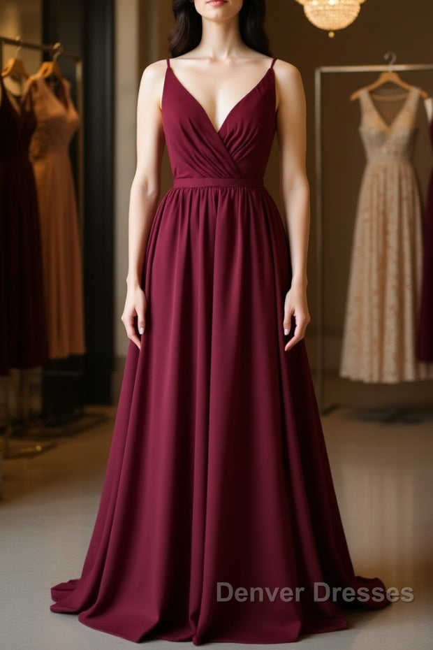 Simple burgundy chiffon lace long prom Dress, burgundy evening Dress Main image