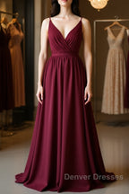 Simple burgundy chiffon lace long prom Dress, burgundy evening Dress