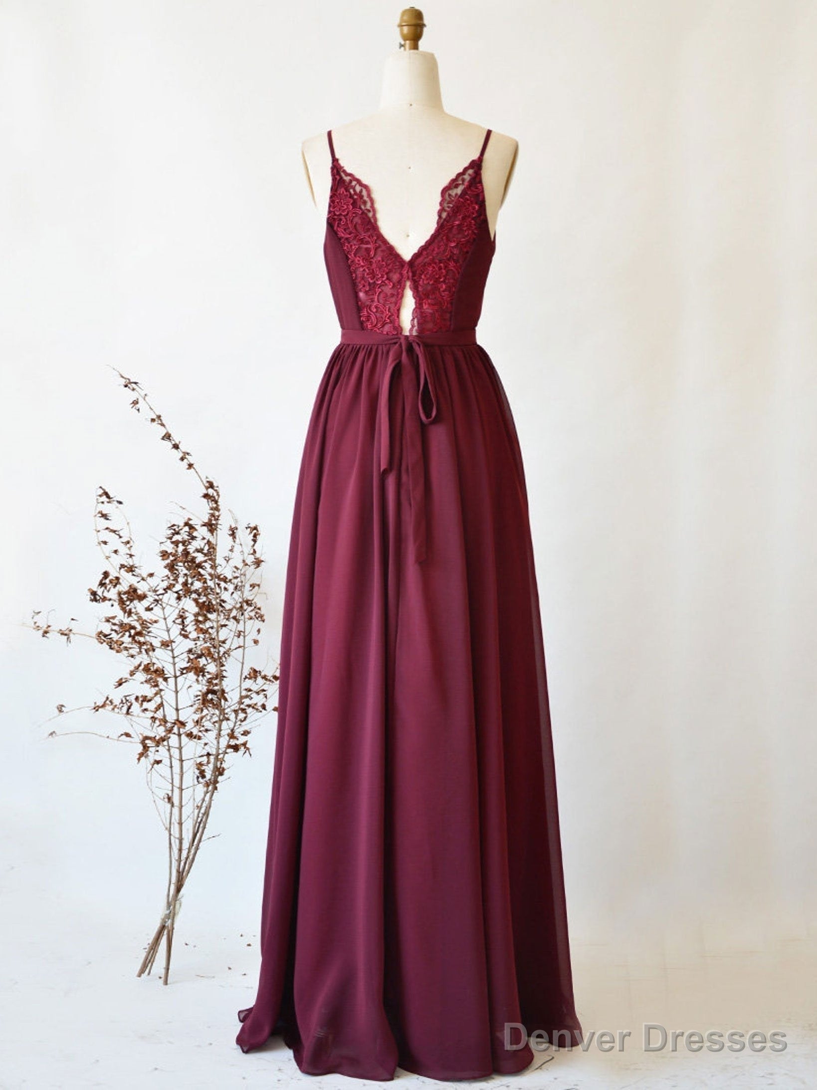 Simple burgundy chiffon lace long prom dresses, cheap women formal evening dress Main image