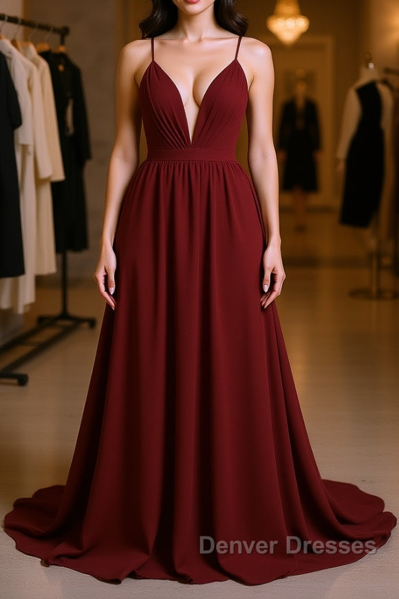 Simple burgundy chiffon long prom Dress burgundy formal Dress