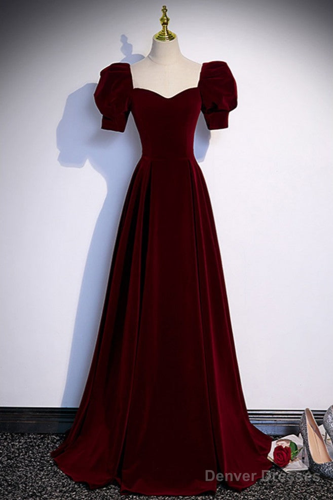 Simple Burgundy Long Velvet Prom Dress with Short Sleeves Main image