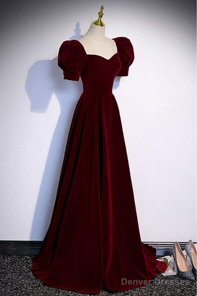 Simple Burgundy Long Velvet Prom Dress with Short Sleeves Secondary image
