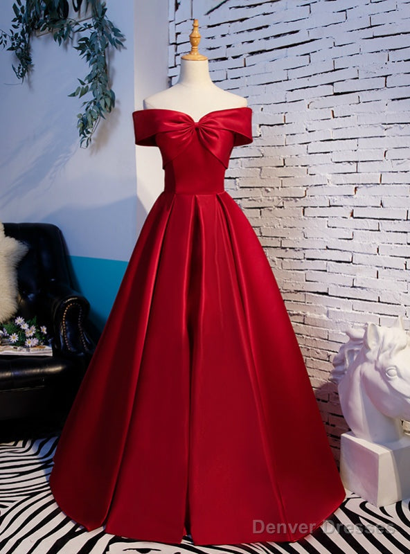 Simple Burgundy Satin Off the Shoulder Prom Dress Main image