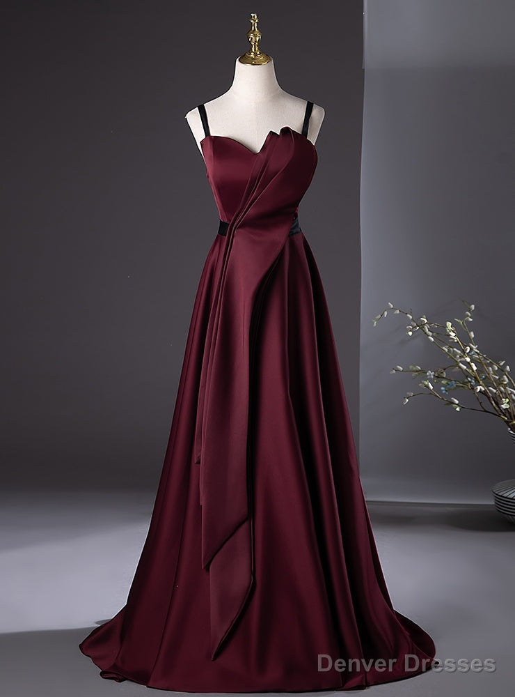 Simple Burgundy Satin Spaghetti Straps Pleats Prom Dress Main image