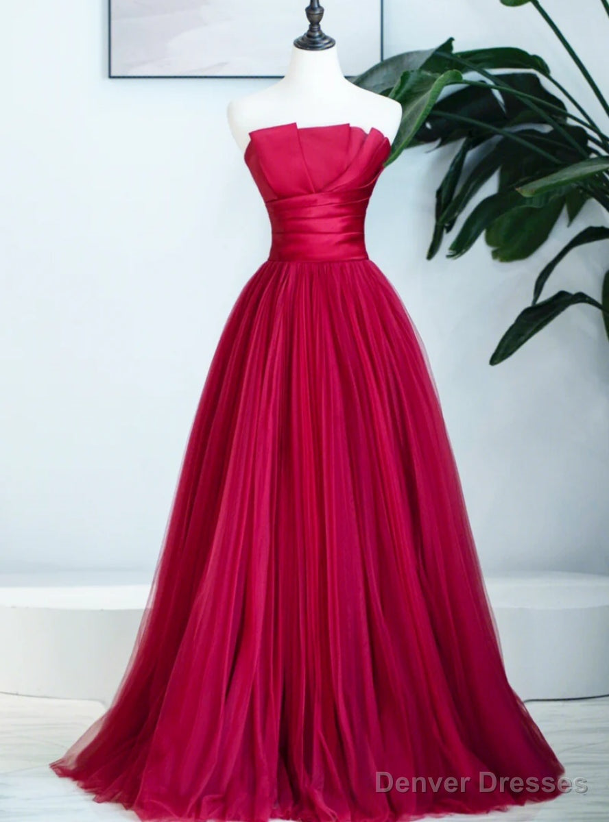 Simple Burgundy Satin Tulle Strapless Pleats Prom Dress Main image