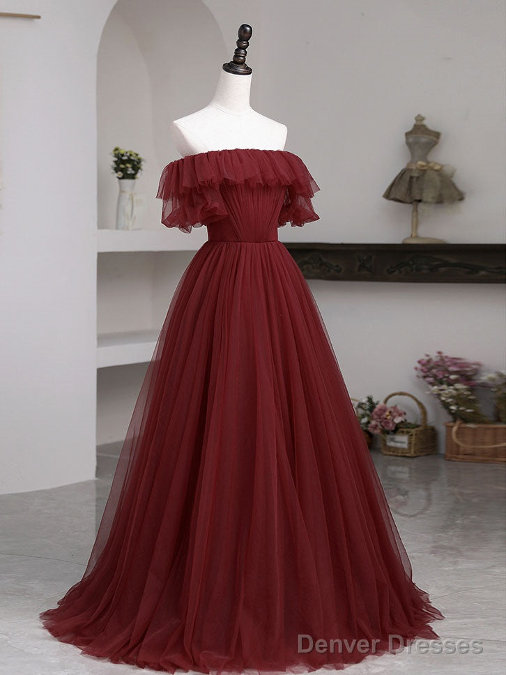 Simple Burgundy Tulle A Line Evening Dress, Burgundy Evening Dress Secondary image