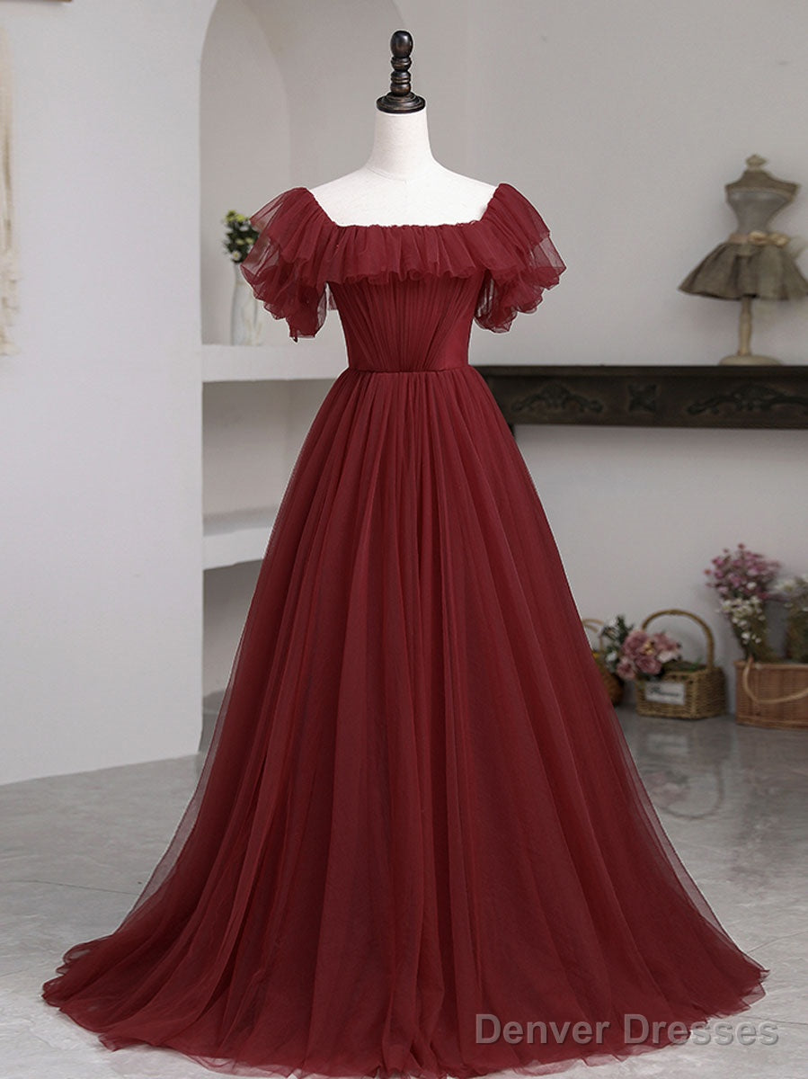 Simple Burgundy Tulle A Line Evening Dress, Burgundy Evening Dress Main image