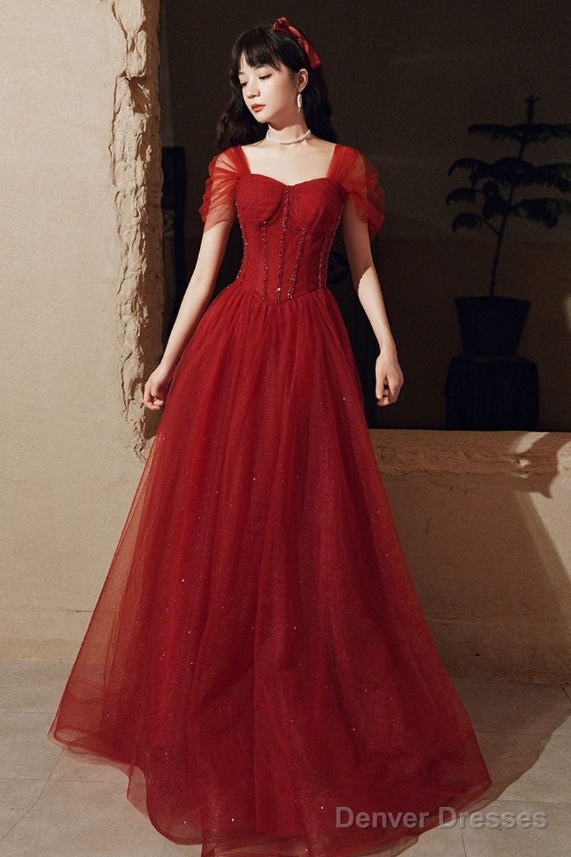 Simple Burgundy Tulle Off Shoulder Prom Dress Tulle Evening Dress Main image