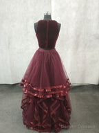 Simple Burgundy Two Pieces Tulle Long Prom Dress, Burgundy Evening Dress