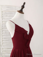 Simple Burgundy V Neck Chiffon Long Prom Dress, Bridesmaid Dress