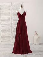 Simple Burgundy V Neck Chiffon Long Prom Dress, Bridesmaid Dress