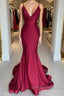 Simple burgundy v neck satin mermaid long prom Dress burgundy evening Dress