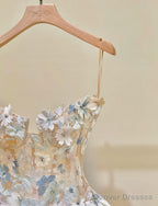 Simple Champagne A-Line Spaghetti Straps Tulle Applique Long Prom Dress Sweet Wedding Dress