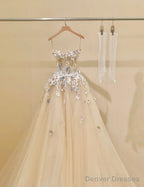 Simple Champagne A-Line Spaghetti Straps Tulle Applique Long Prom Dress Sweet Wedding Dress