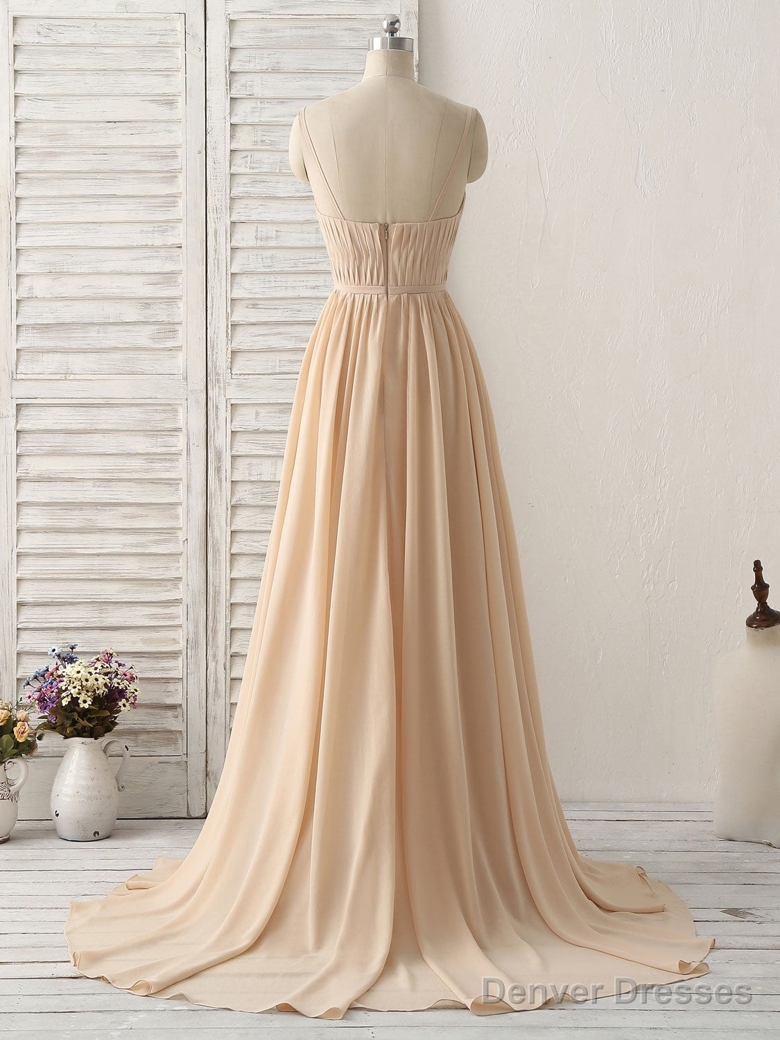 Simple Champagne Long Prom Dresses V Neck Chiffon Bridesmaid Dress Main image