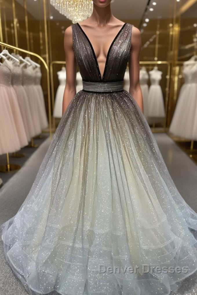 Simple Coffee tulle sequin long prom Dress coffee evening Dress