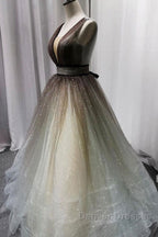 Simple Coffee tulle sequin long prom Dress coffee evening Dress