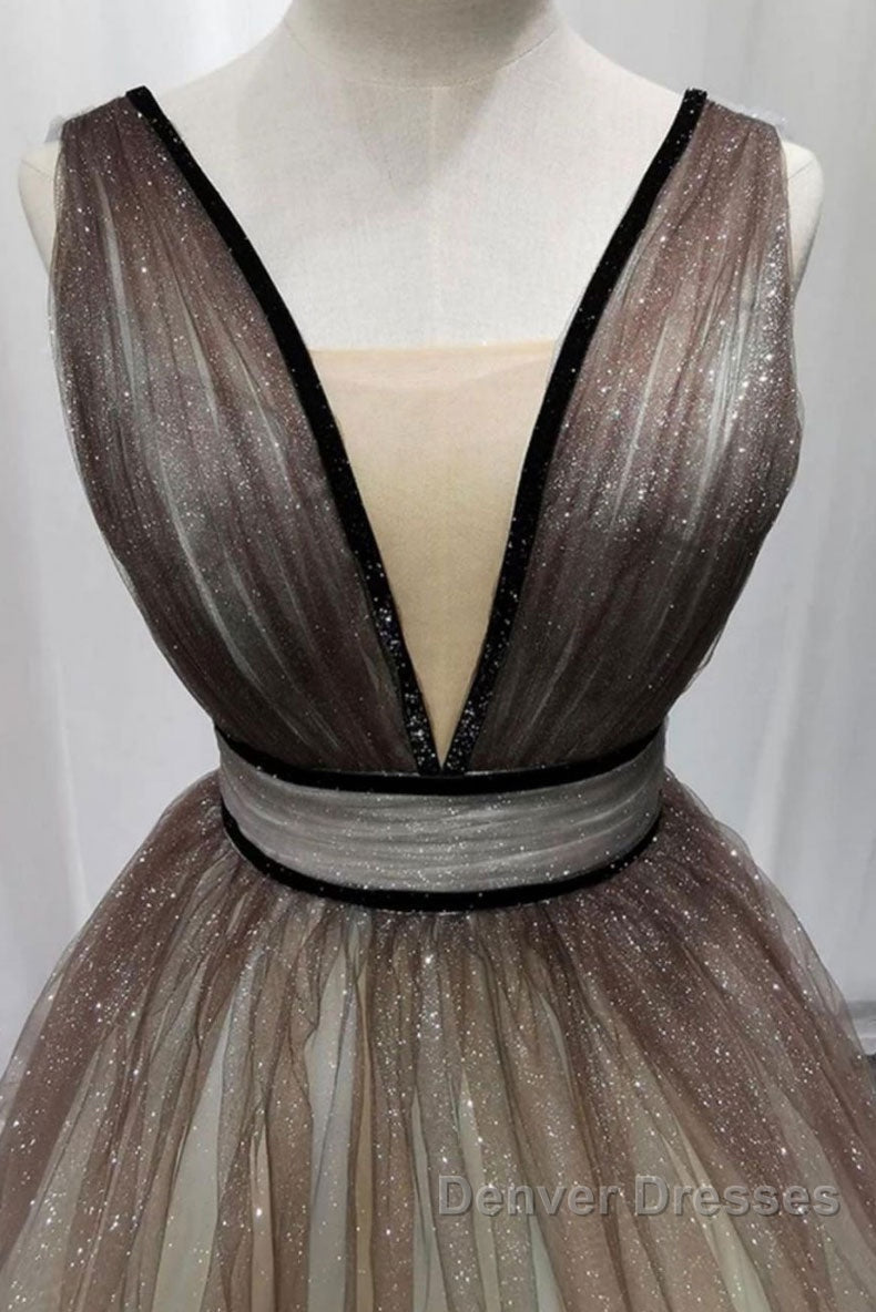 Simple Coffee tulle sequin long prom Dress coffee evening Dress