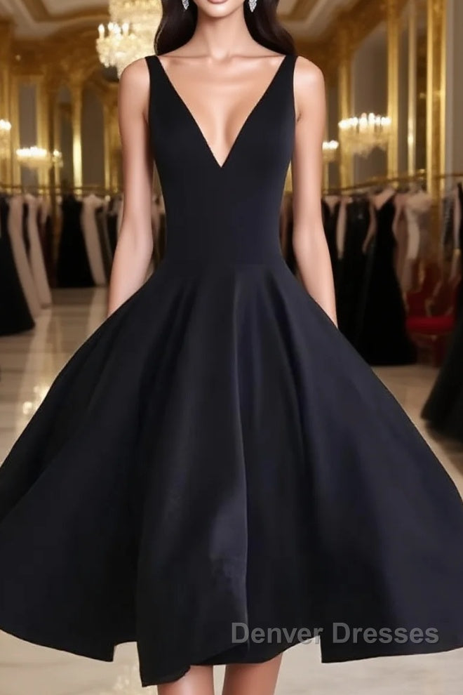 Simple Cute V Neck Short Black Prom Dress, Cute Black Homecoming Dress, Graduation Dress Main image
