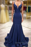Simple dark blue satin long prom Dress blue evening Dress