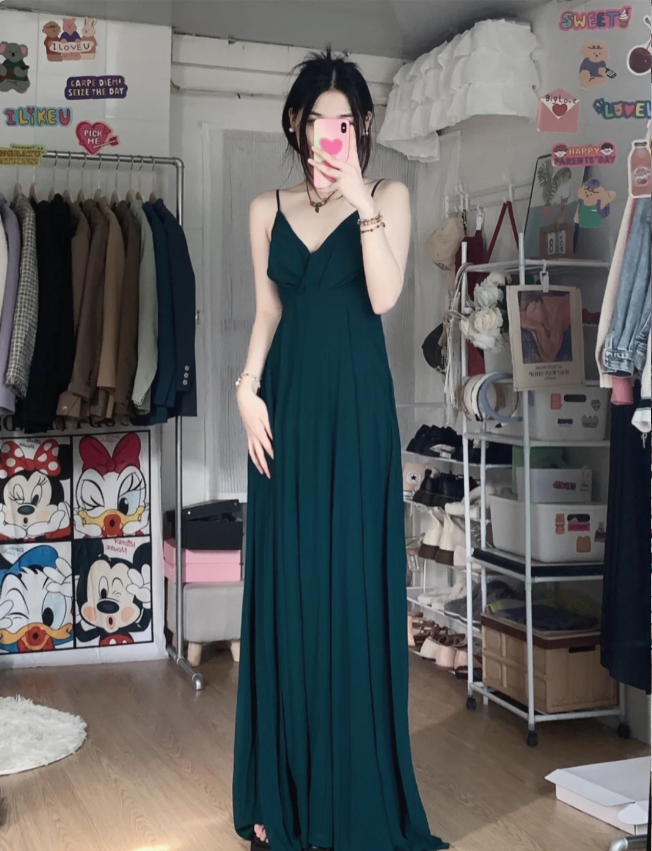 Simple Dark Green A-Line V-Neck Halter Chiffon Long Prom Dress Evening Dress Bridesmaid Dress