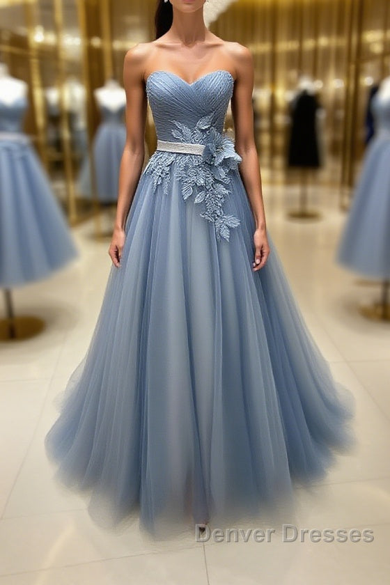 Simple gray blue tulle lace applique long prom Dress, tulle evening Dress