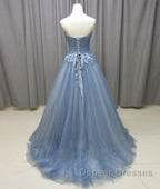 Simple gray blue tulle lace applique long prom Dress, tulle evening Dress