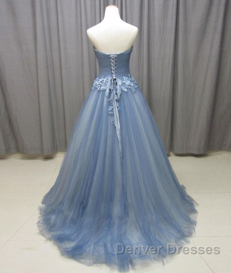 Simple gray blue tulle lace applique long prom Dress, tulle evening Dress