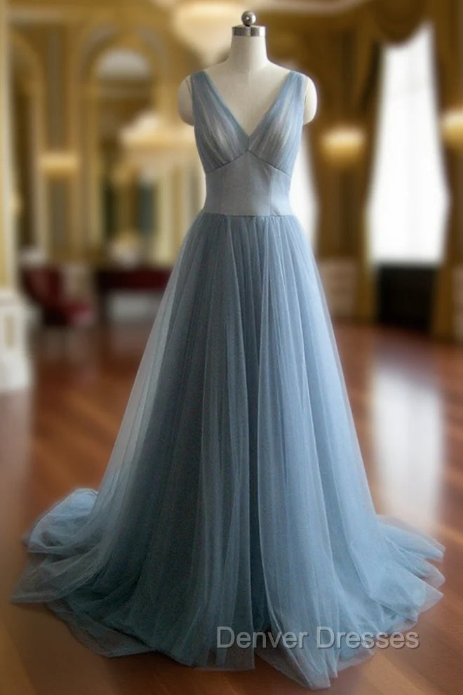 Simple gray blue tulle long prom dress, evening dress