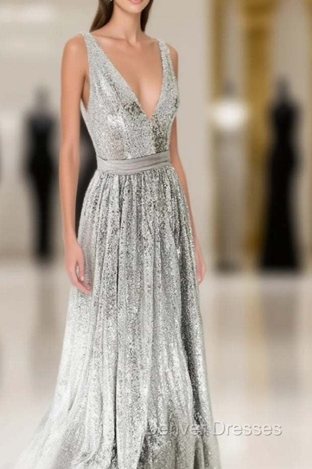 Simple Gray V Neck Sequin Long Prom Dress Gray Formal Dress Main image