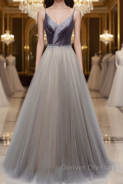 Simple gray v neck tulle long prom Dress, gray tulle formal Dress Main image