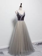 Simple gray v neck tulle long prom Dress, gray tulle formal Dress