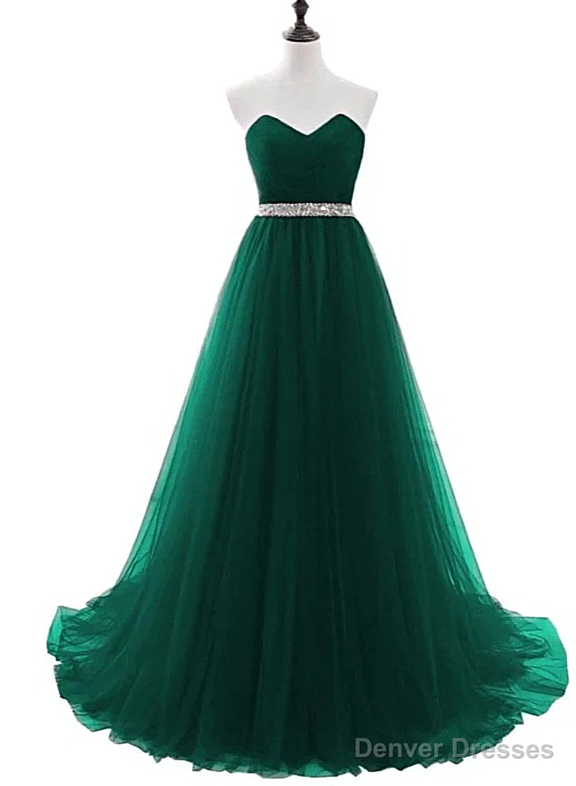 Simple Green Beaded Waist Tulle A-line Floor Length Party Dress, Green Formal Dress Secondary image