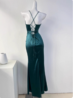 Simple Green Mermaid Pleated Crisscross Sash Slit Satin Long Prom Dress Evening Dress Bridesmaid Dress